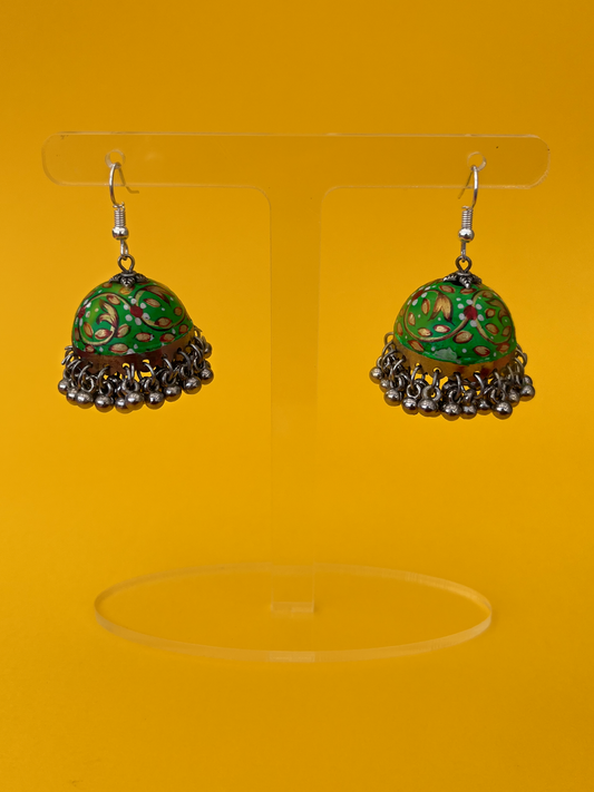 Green and Gold Hand-Painted Silver-Plated Jhoomka with Hook