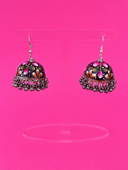Black Hand-Painted Silver-Plated Meenakari Jhoomka