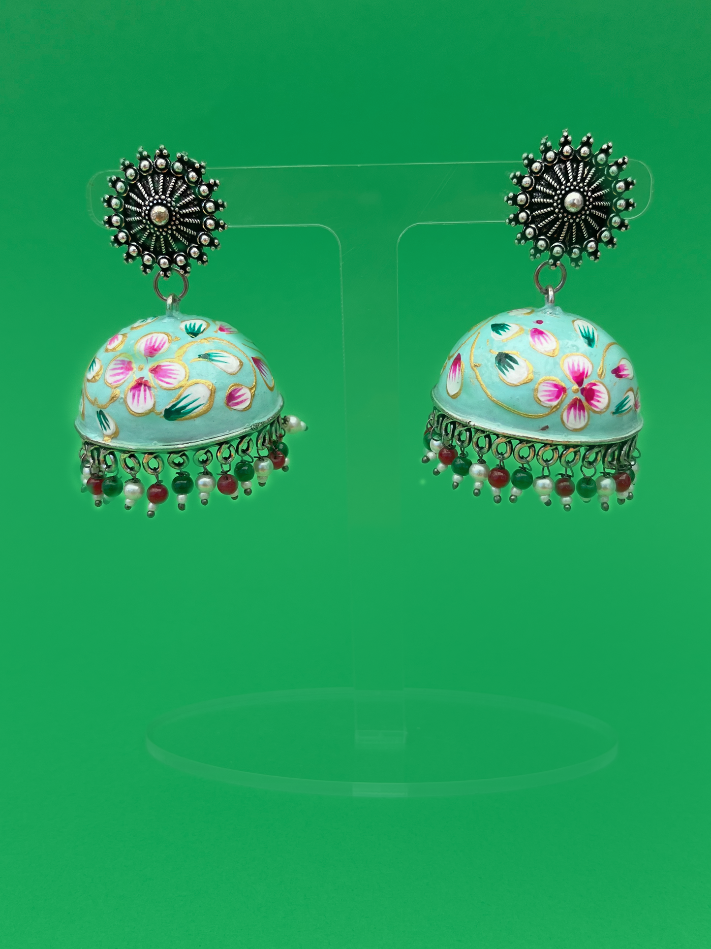 Mint Green Hand-Painted Meenakari Jhoomka with Flowers