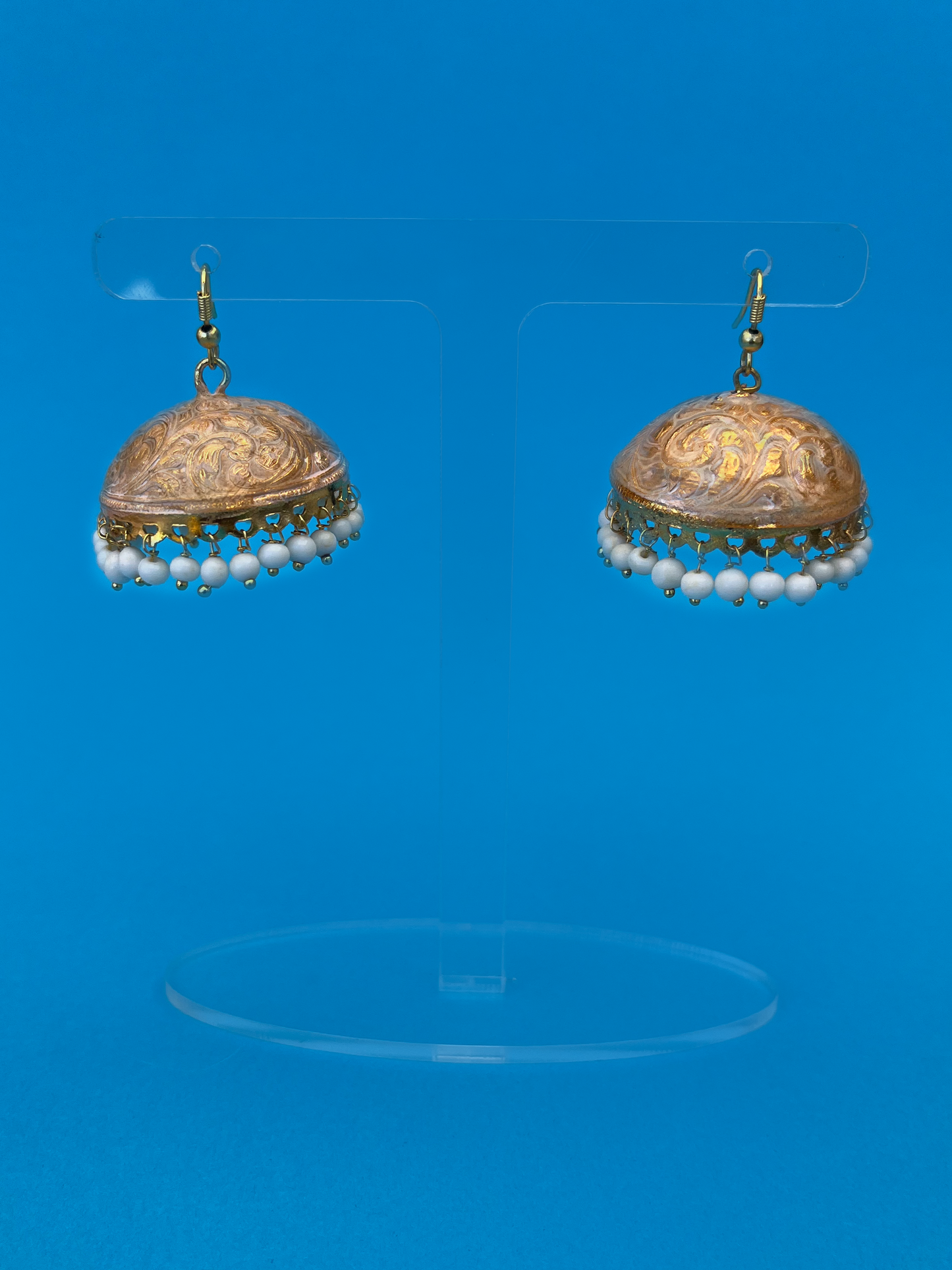 Gold-Plated Meenakari Jhoomka with White Beads and Hook