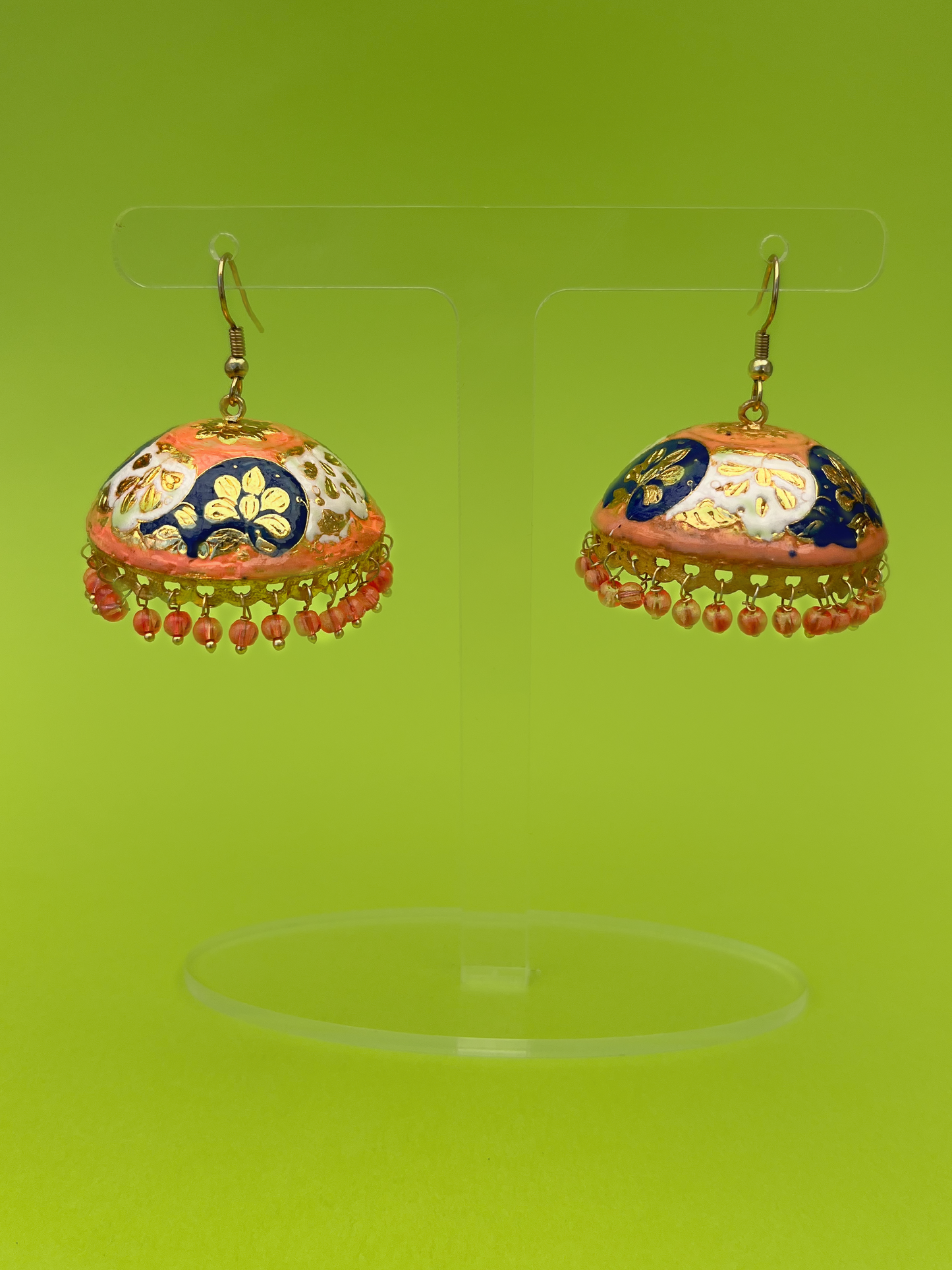 Peach-Painted Gold-Plated Meenakari Jhoomka with Peach Beads and Hook