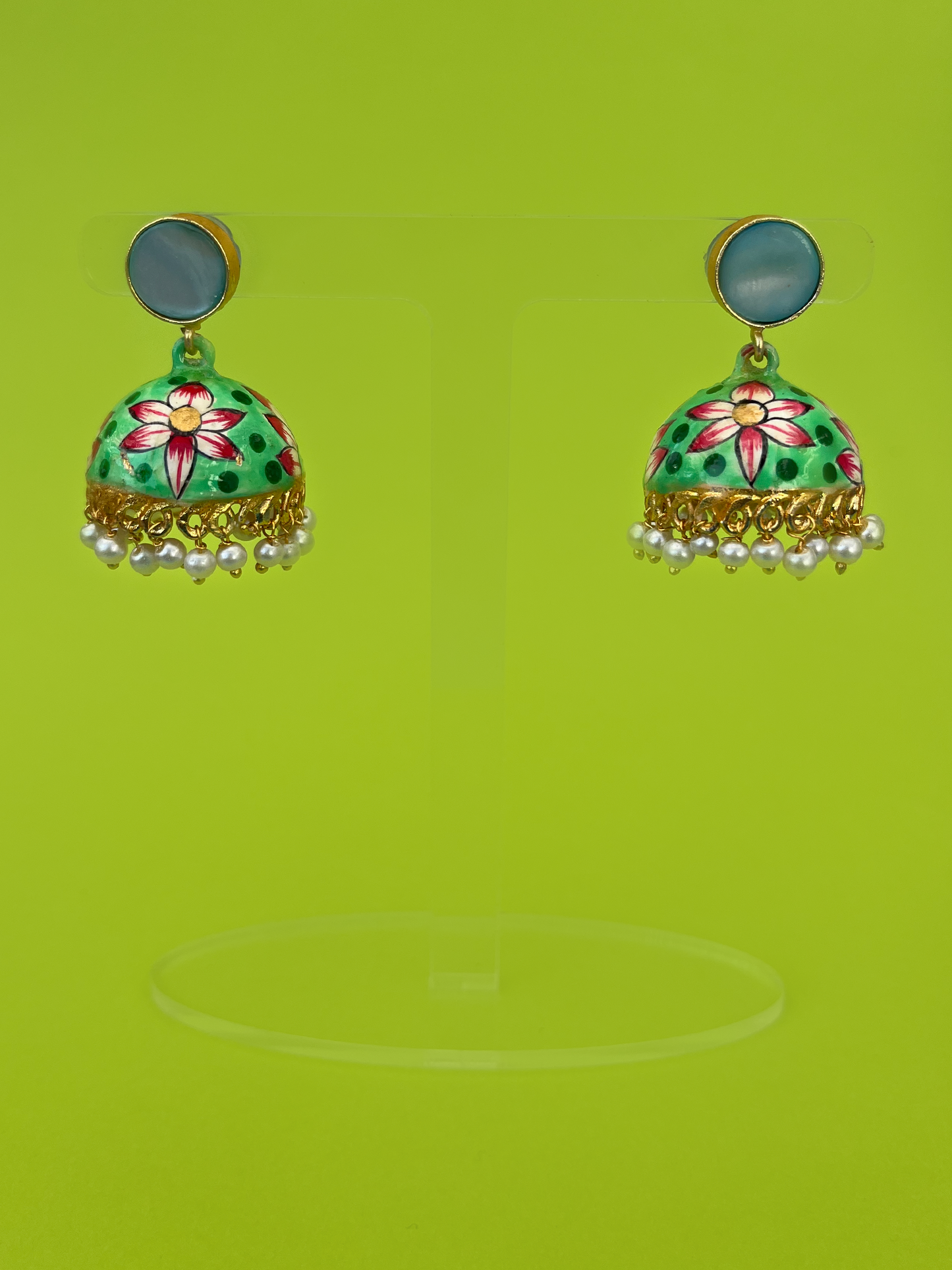 Light Green Lily-Design Hand-Painted Gold-Plated Jhoomka