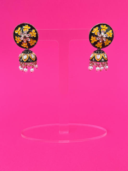 Dark Green Hand-Painted Gold-Plated Meenakari Jhoomka