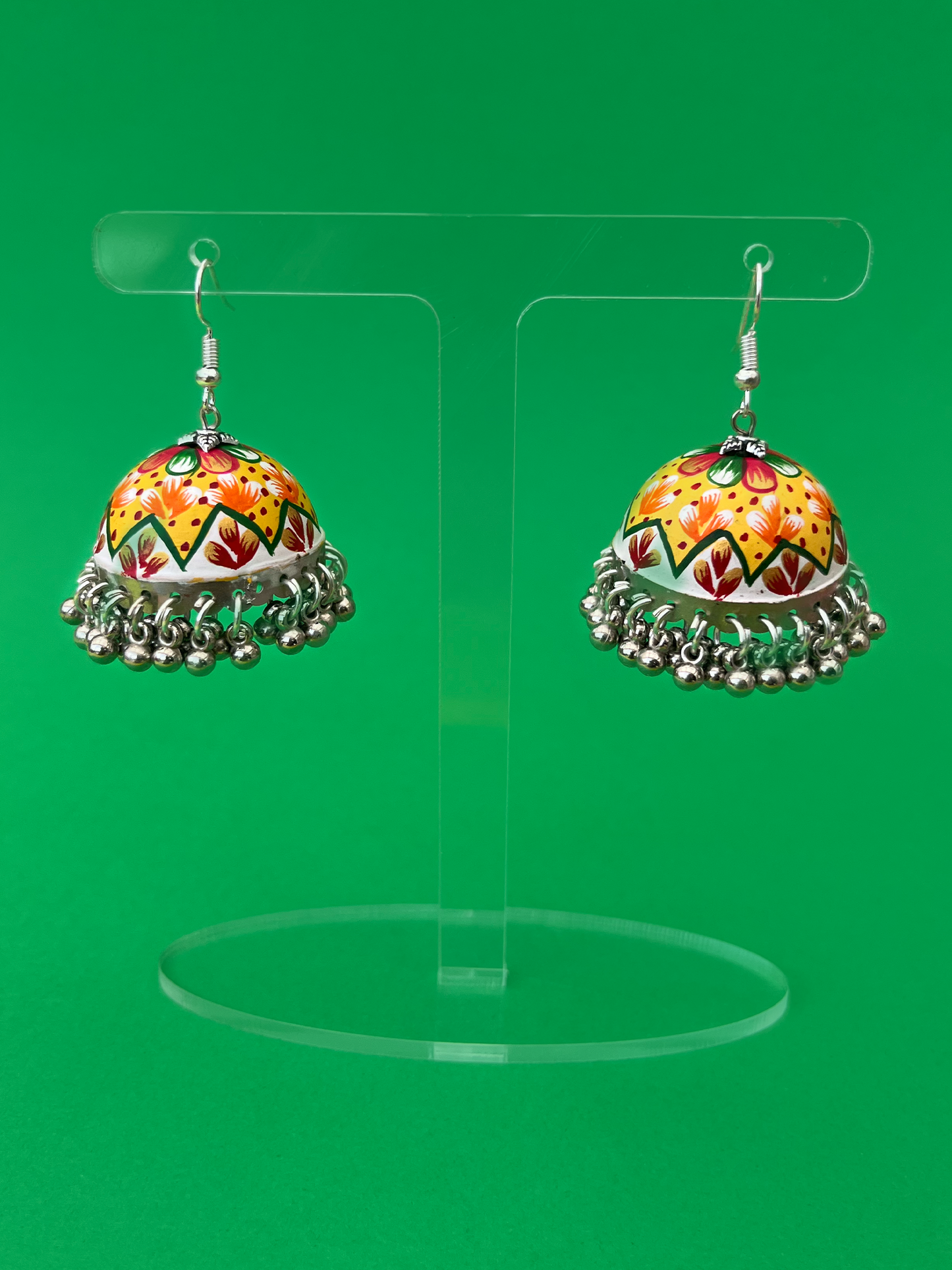 Light Yellow and Multi-Coloured Hand-Painted Silver-Plated Jhoomka with Hook