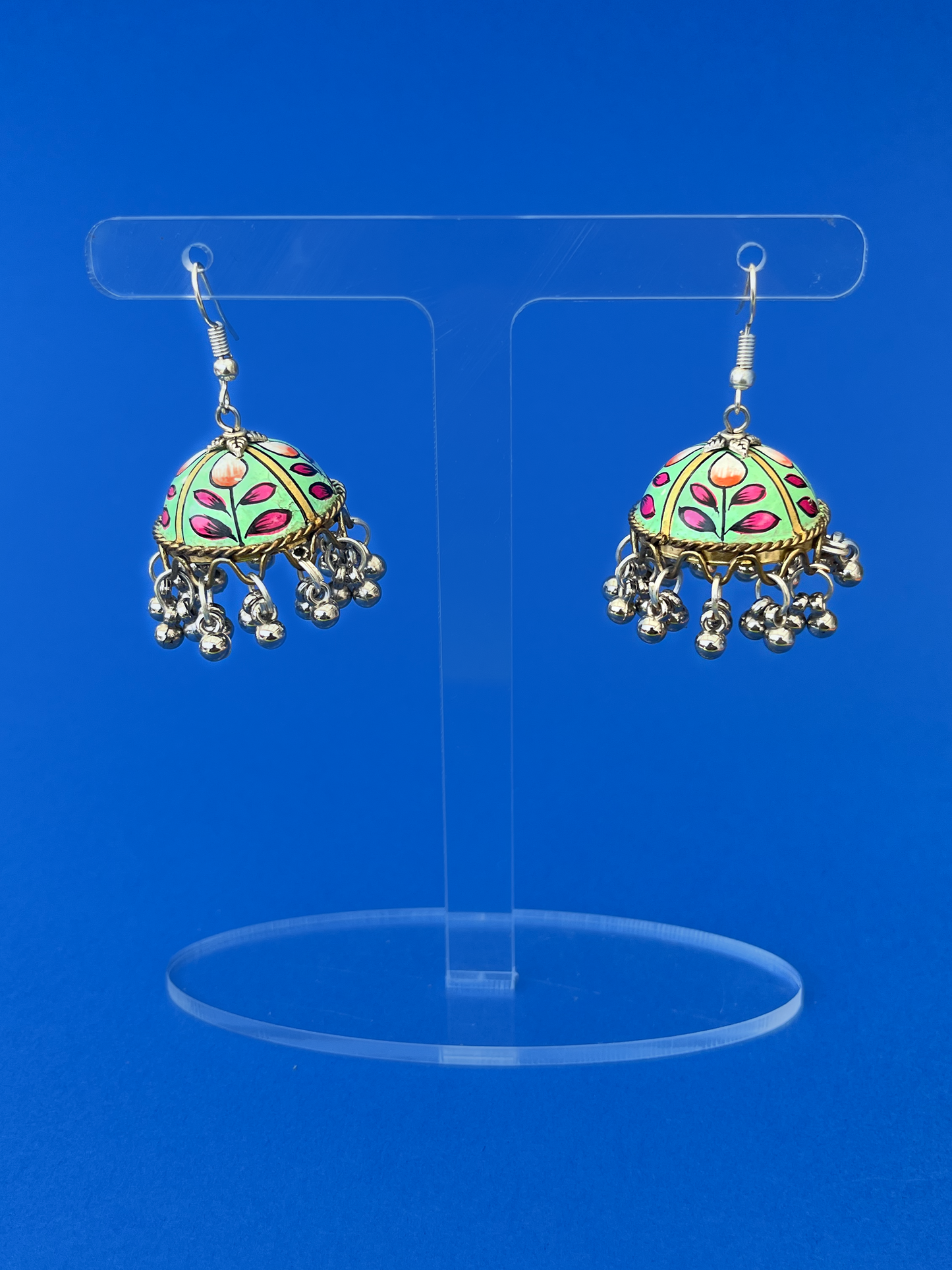 Aquamarine Green and Gold Hand-Painted Silver-Plated Jhoomka with Hook