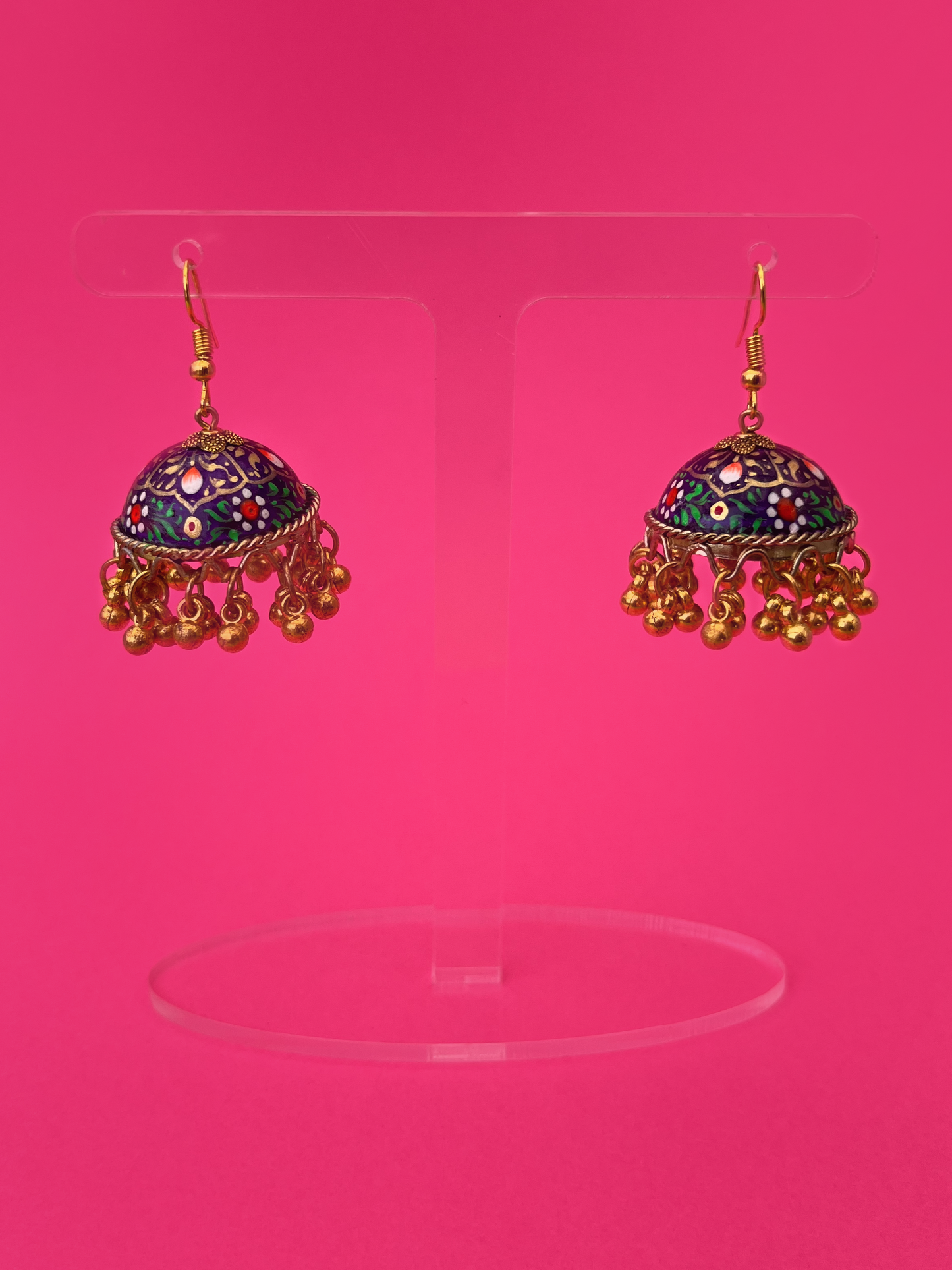 Purple and Gold Hand-Painted Gold-Plated Jhoomka with Hook