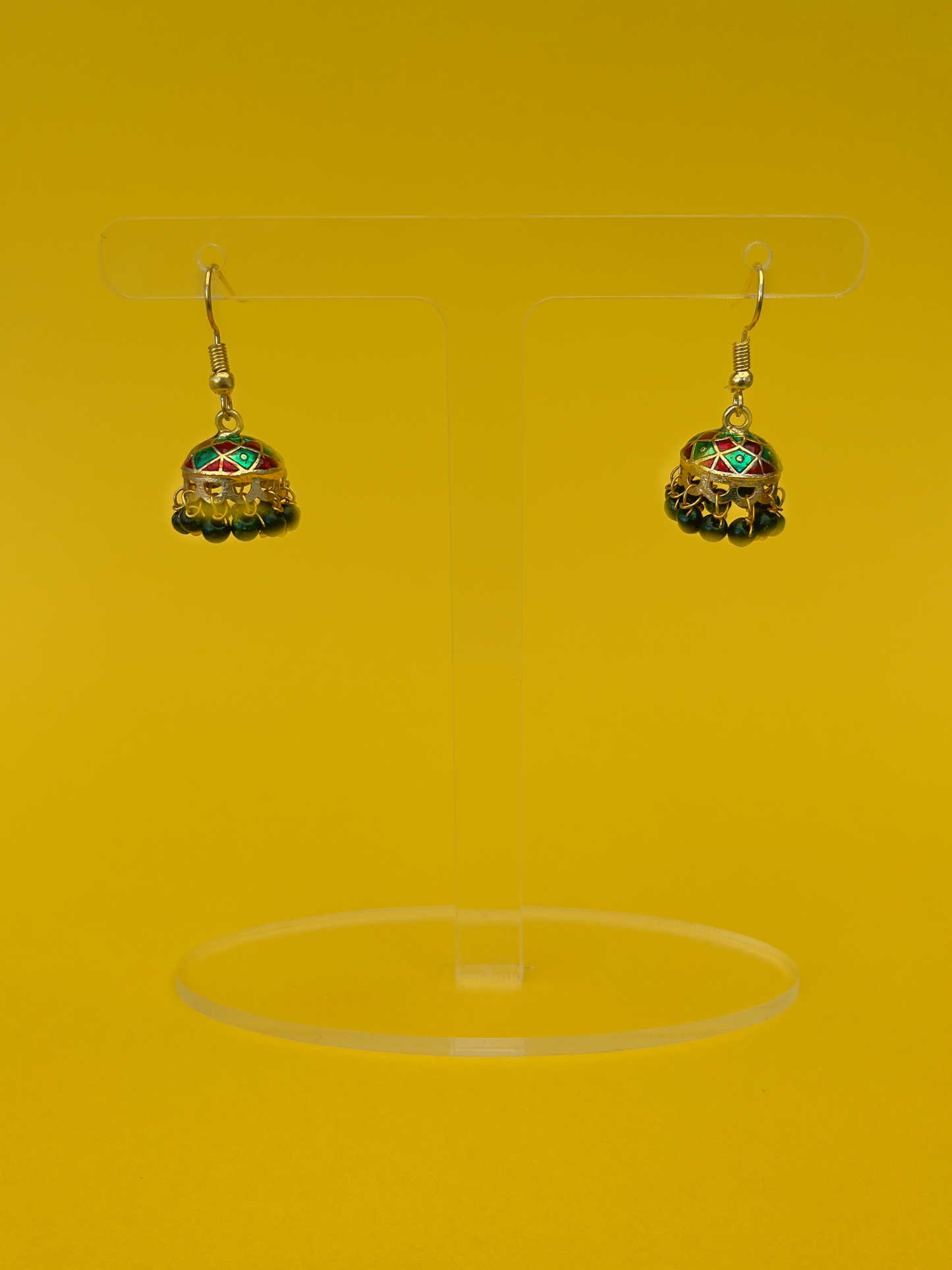 Mini Red and Green-Painted Gold-Plated Jhoomka with Dark Green Beads and Hook