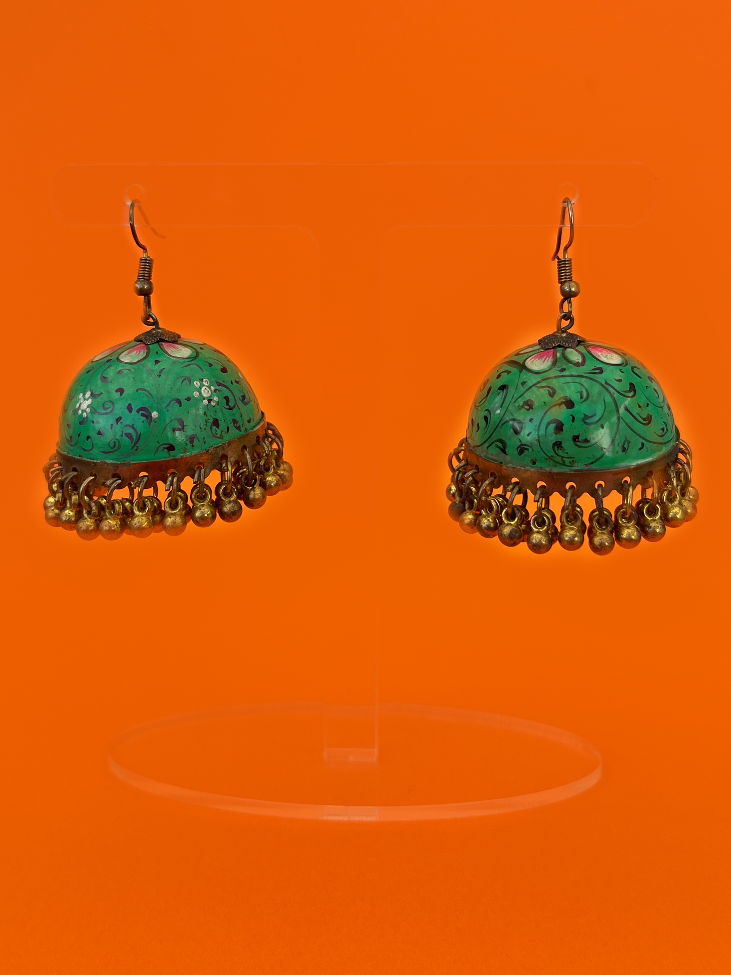 Caribbean Green Hand-Painted Gold-Plated Jhoomka