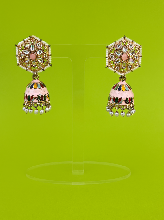 Pink Hand-Painted Gold-Plated Kundan Jhoomka