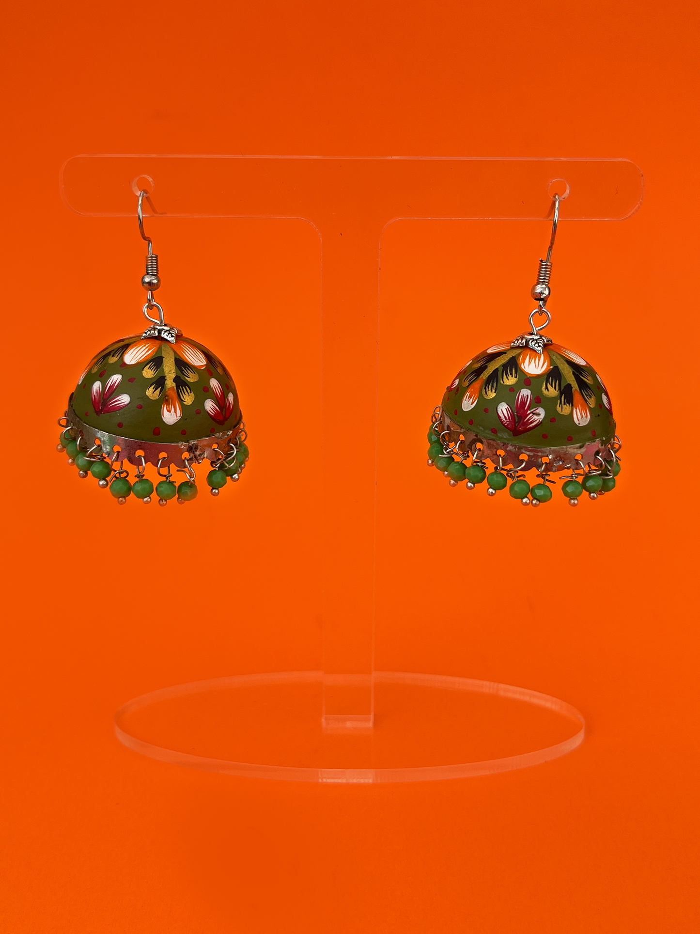 Olive Green Hand-Painted Meenakari Jhoomka