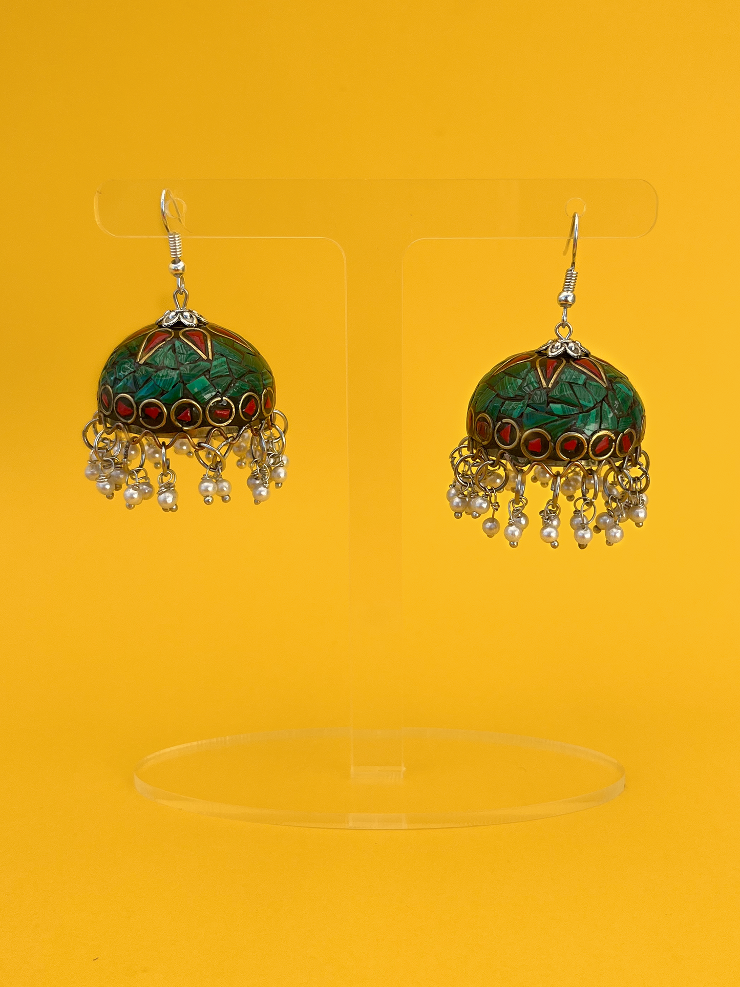 Teal Stone Silver-Plated Meenakari Jhoomka with Artificial Pearls