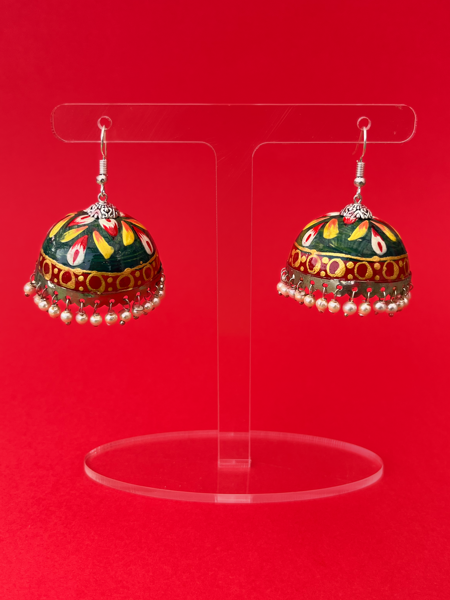 Dark Green and Red Hand-Painted Silver-Plated Jhoomka with Hook and Pearls