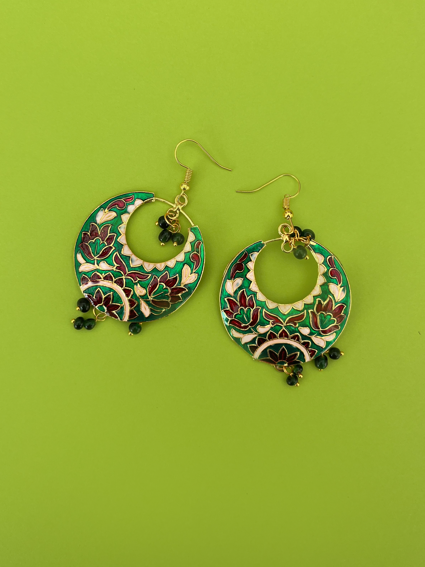 Emerald Green, White and Red Crescent-Shaped Jhoomka with Hook