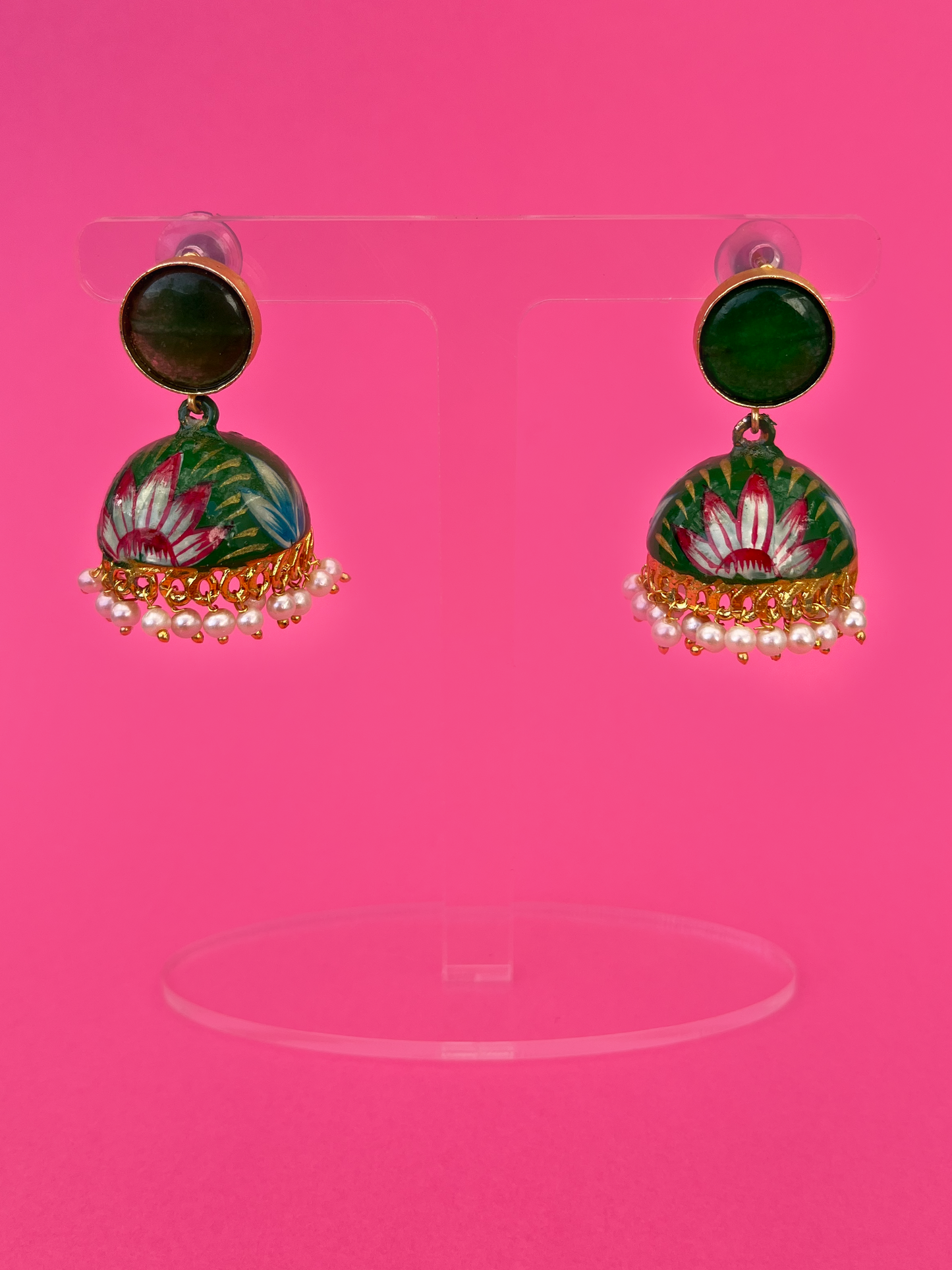 Dark Green Protea-Design Hand-Painted Gold-Plated Jhoomka