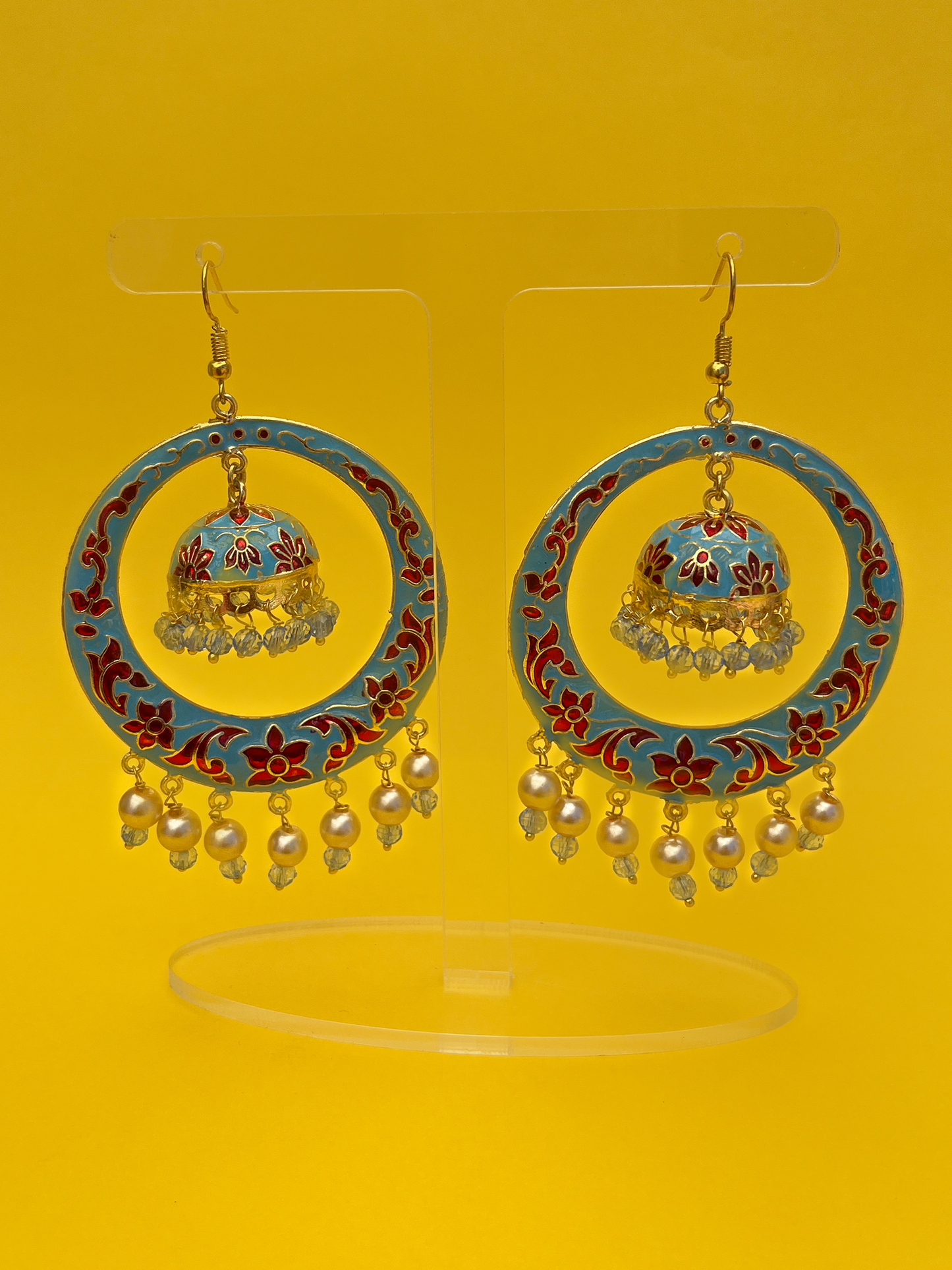 Sky Blue Chandbali-Style Gold-Plated Jhoomka with Artificial Pearls and Hook