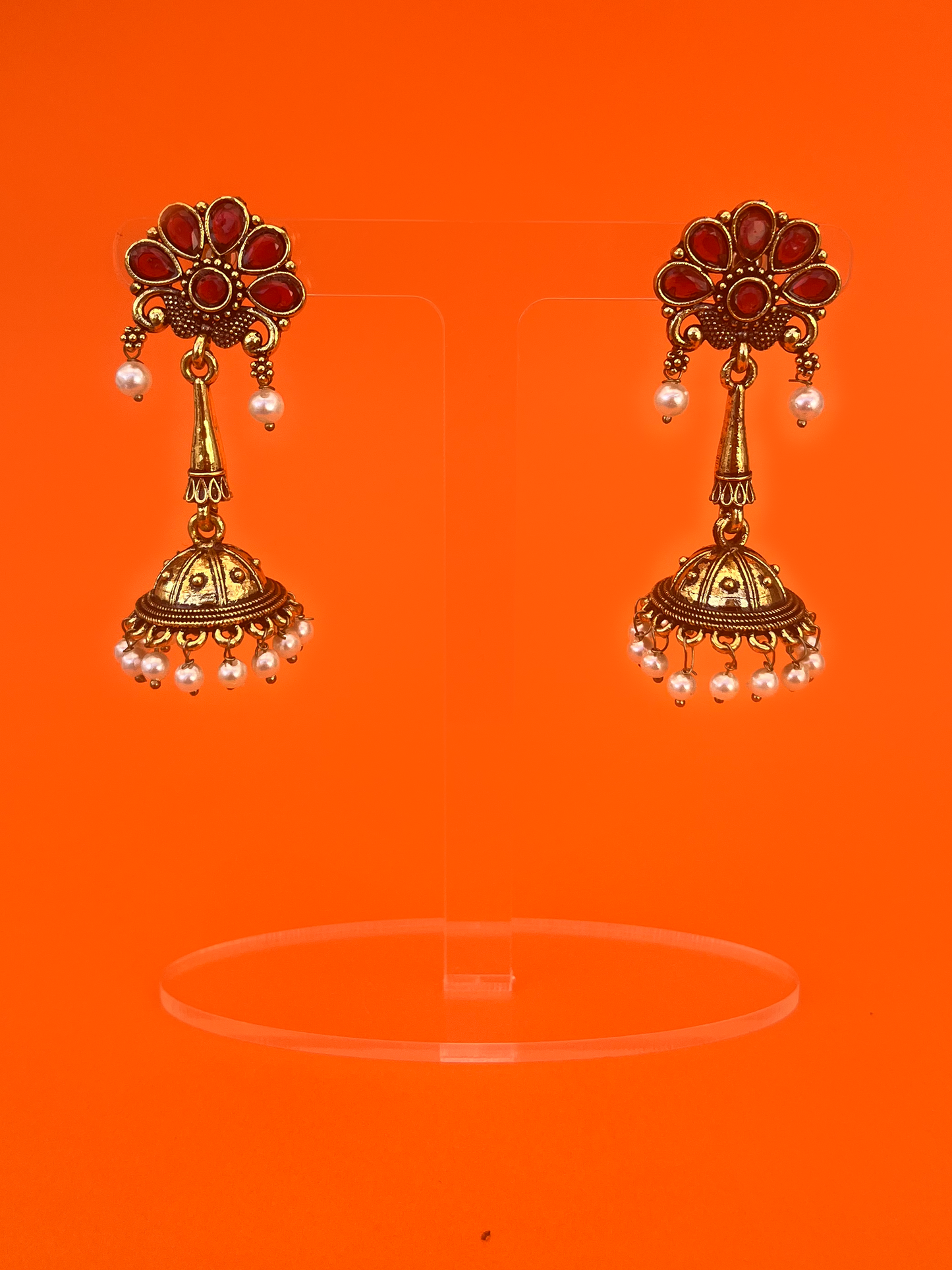 Floral-Style Gold-Plated Jhoomka with Red Stones