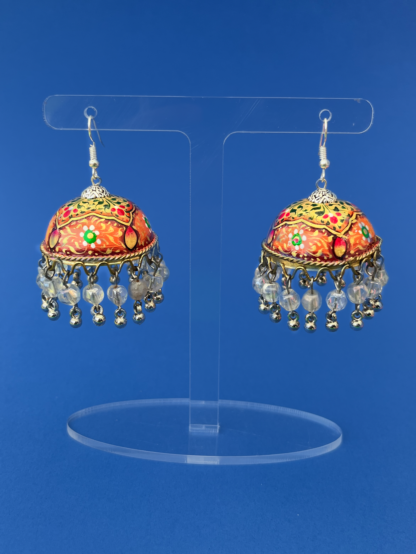 Orange and Gold Hand-Painted Silver-Plated Jhoomka with Hook and Clear Beads