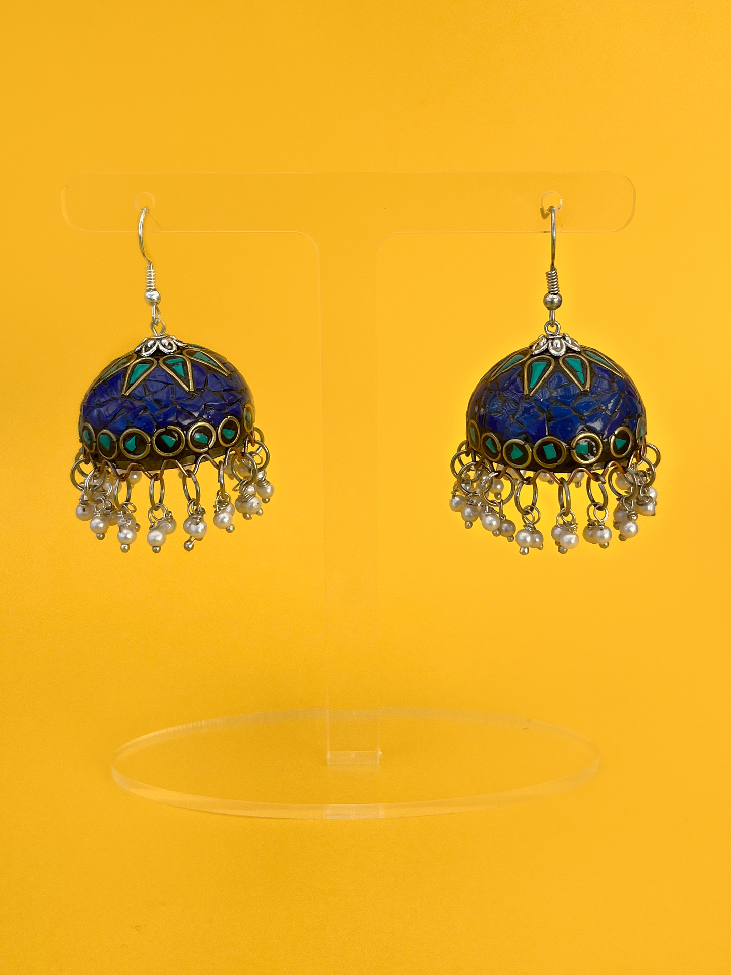 Silver-Plated Coral Blue Stone Meenakari Jhoomka with Artificial Pearls