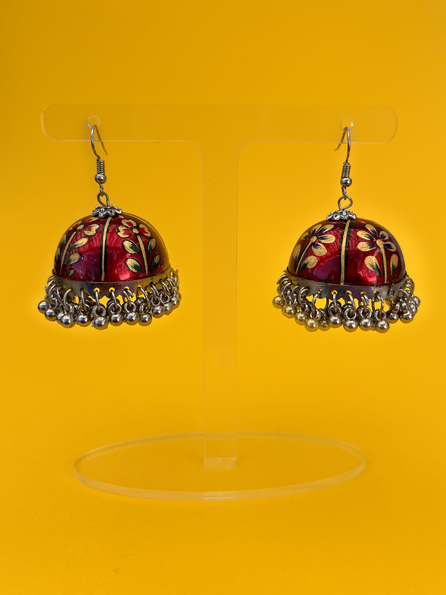 Maroon and Gold Hand-Painted Silver-Plated Jhoomka