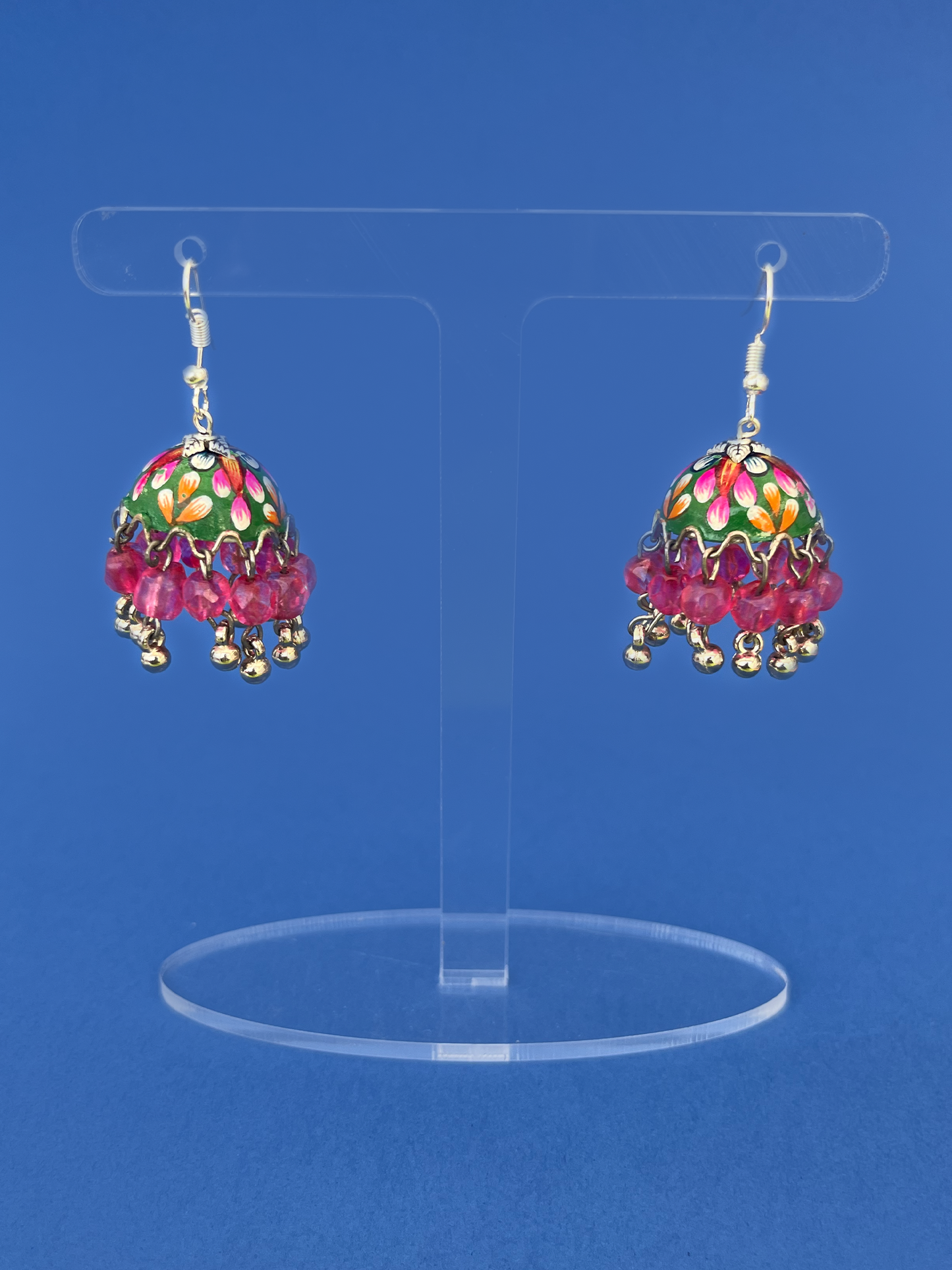 Mini Green and Orange Hand-Painted Silver-Plated Jhoomka with Hook (Pink Beads)