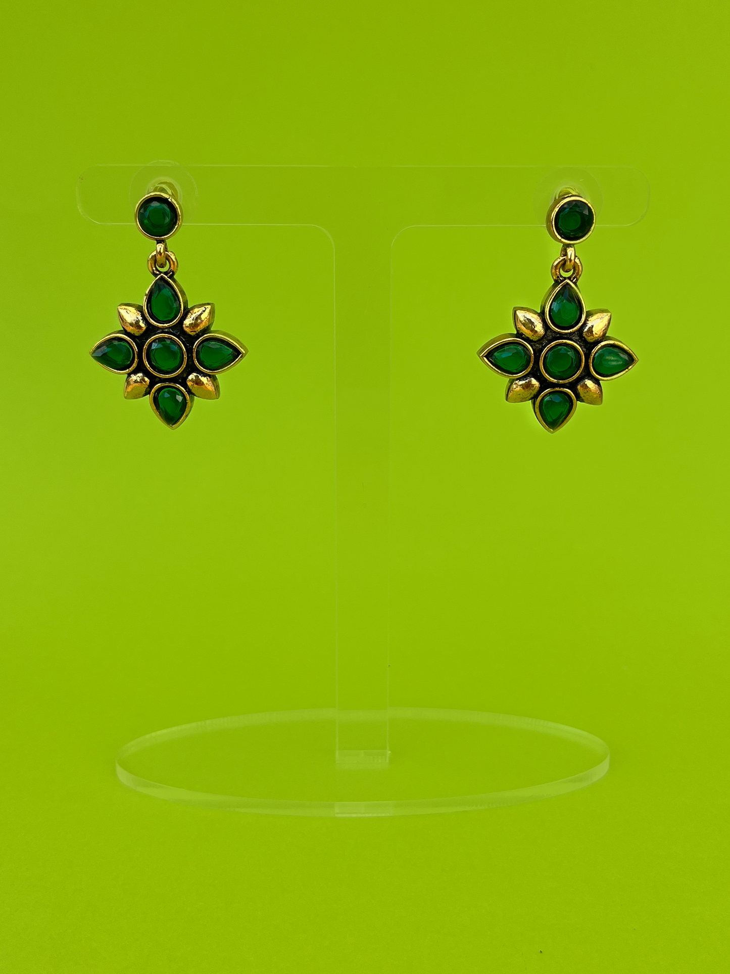 Flower-Shaped Gold-Plated Earring with Green Stones