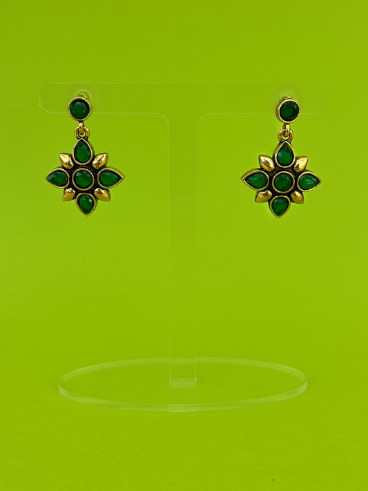 Flower-Shaped Gold-Plated Earring with Green Stones