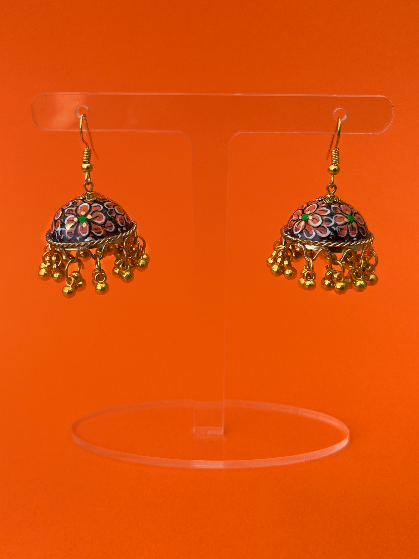 Orange and Maroon Hand-Painted Gold-Plated Jhoomka with Hook