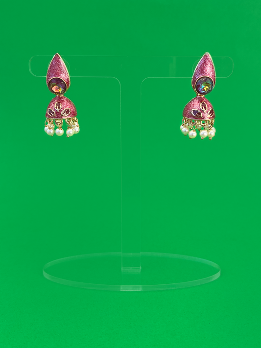 Mini Glitter Pink Hand-Painted Gold-Plated Jhoomka