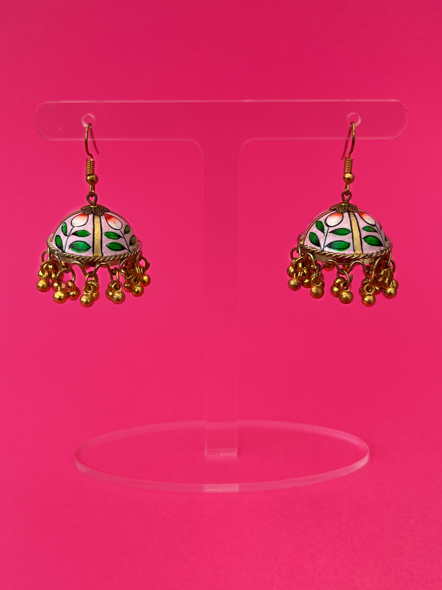 Light Pink, Green and Gold Hand-Painted Gold-Plated Jhoomka with Hook