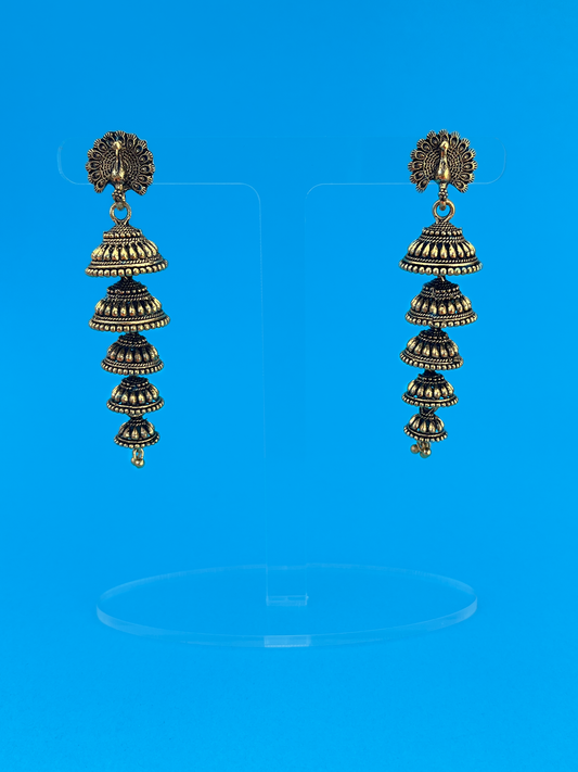 Five-Layered Gold-Plated Oxidised Jhoomka with Peacock Design