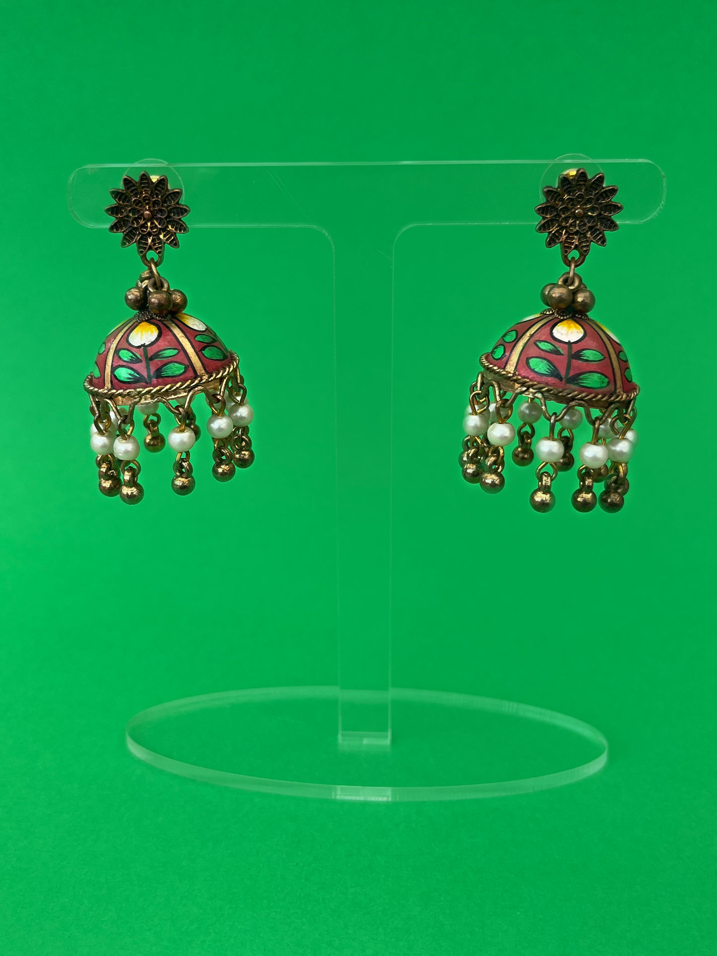 Rosewood Pink and Green Hand-Painted Gold-Plated Jhoomka with Flat Post