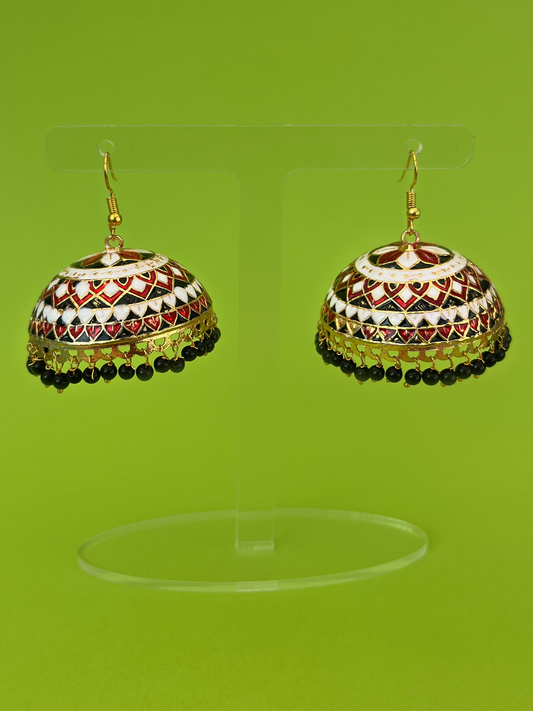 Black, Red and White Hand-Painted Meenakari Jhoomka