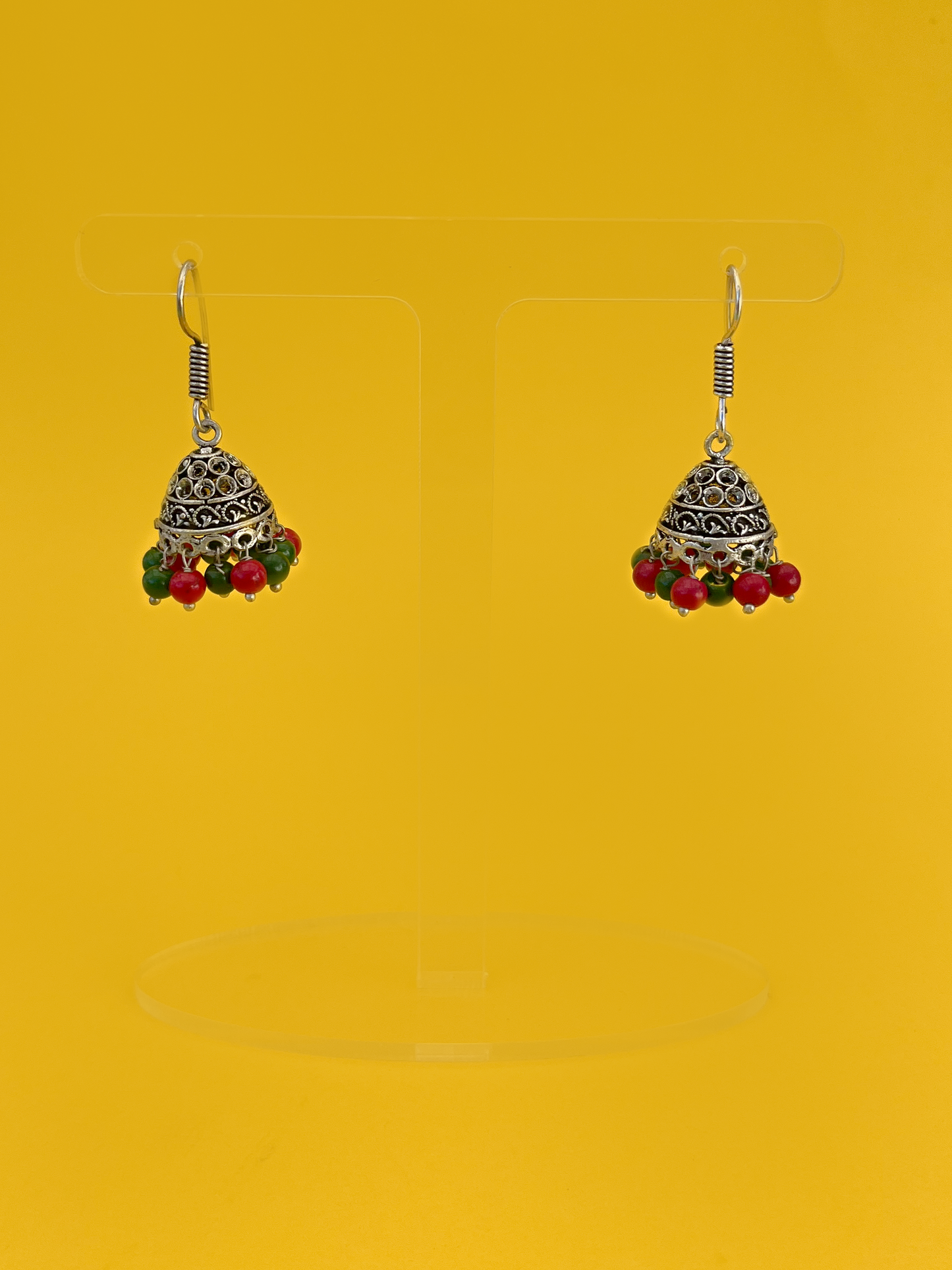 Mini Oxidised Silver-Plated Jhoomka with Red and Green Beads and Hook