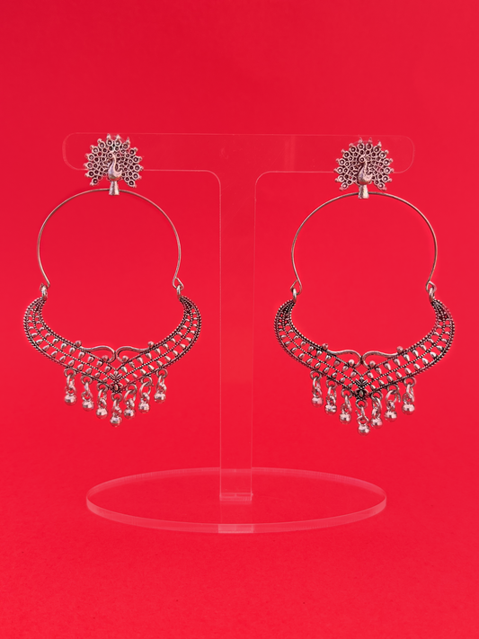 Silver-Plated Oxidised Chandbali Jhoomka with Stem