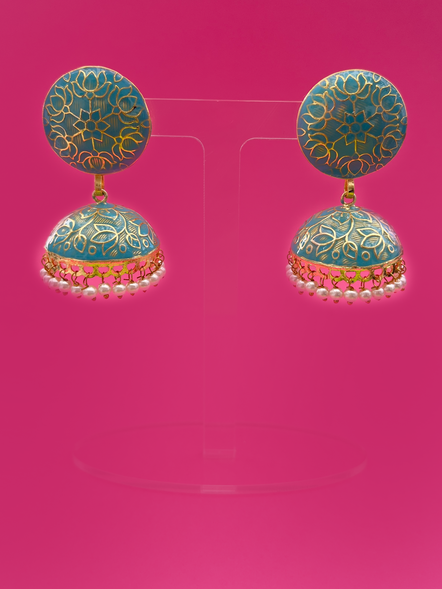 Large Sky Blue Meenakari Jhoomka with Floral Design
