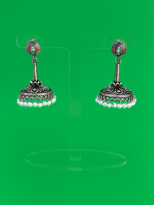 Silver-Plated Oxidised Long Jhoomka with Clear Stone