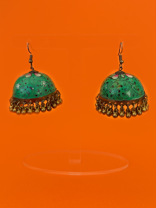 Green and Pink Hand-Painted Gold-Plated Jhoomka