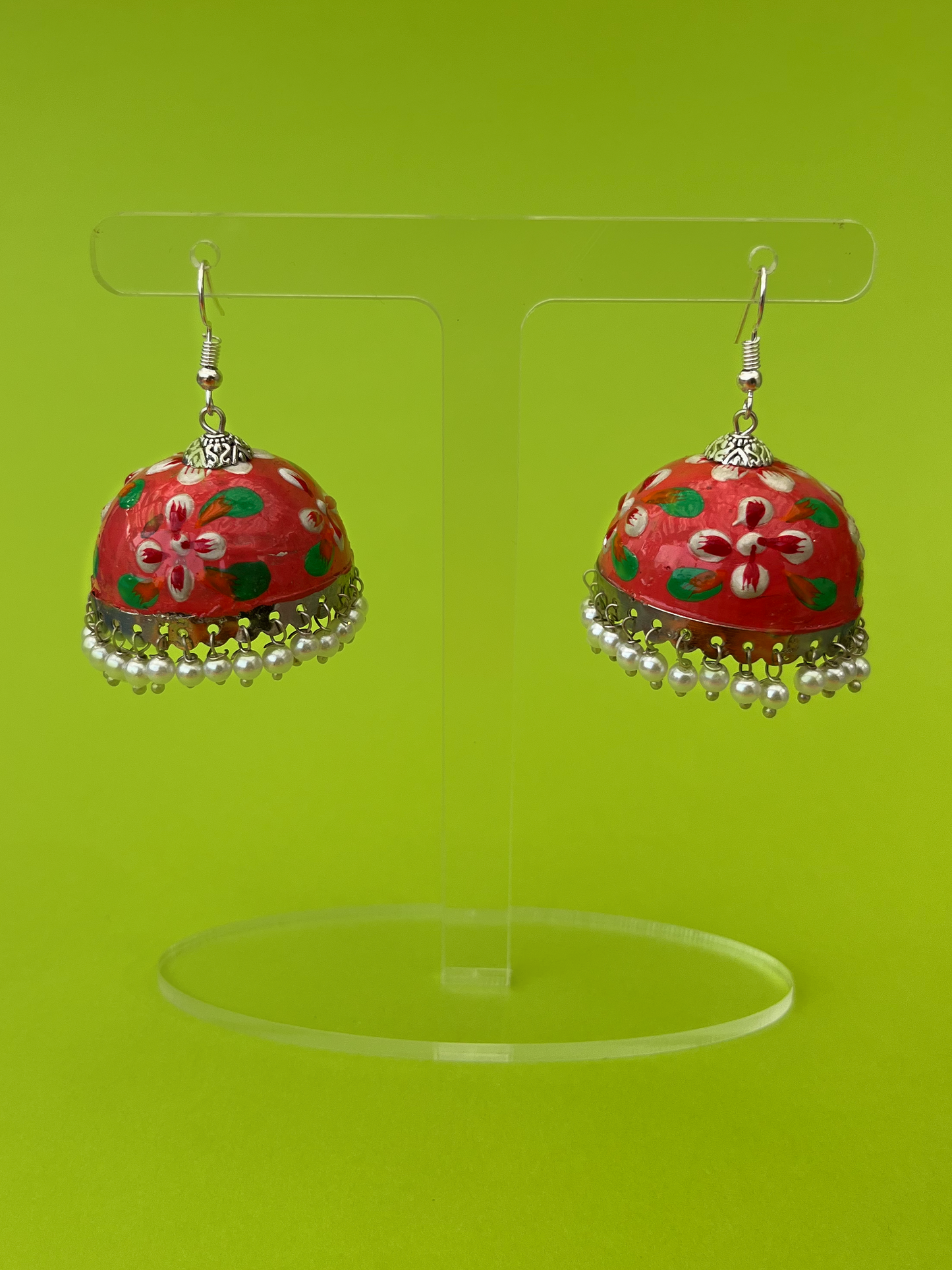 Coral Orange Hand-Painted Silver-Plated Jhoomka with Hook and Pearls