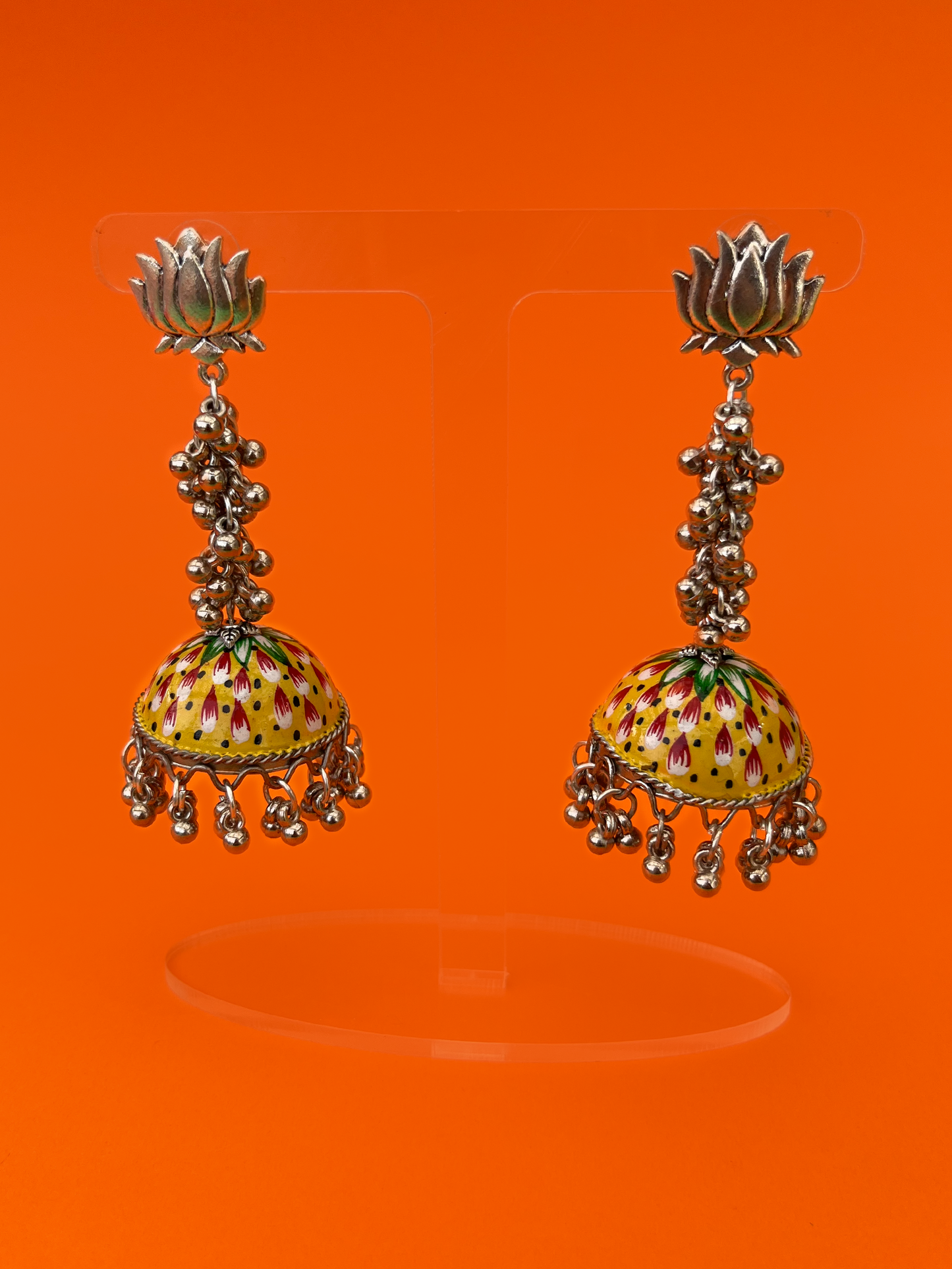 Yellow and Red Hand-Painted Silver-Plated Meenakari Jhoomka with Flat Post