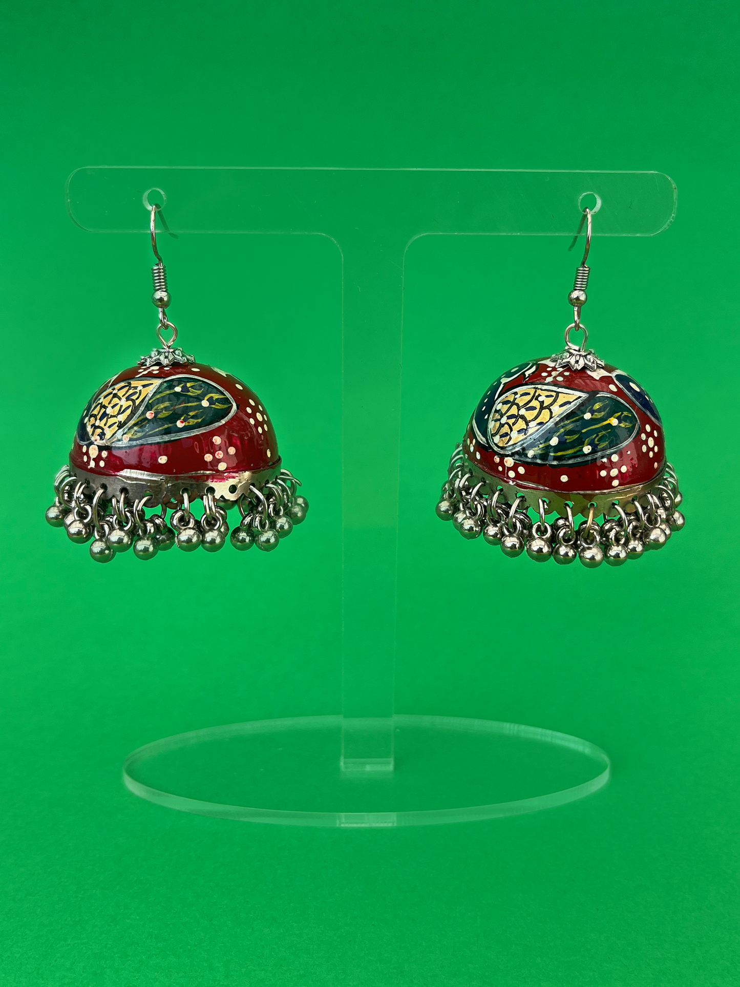 Maroon Peacock-Design Hand-Painted Silver-Plated Jhoomka