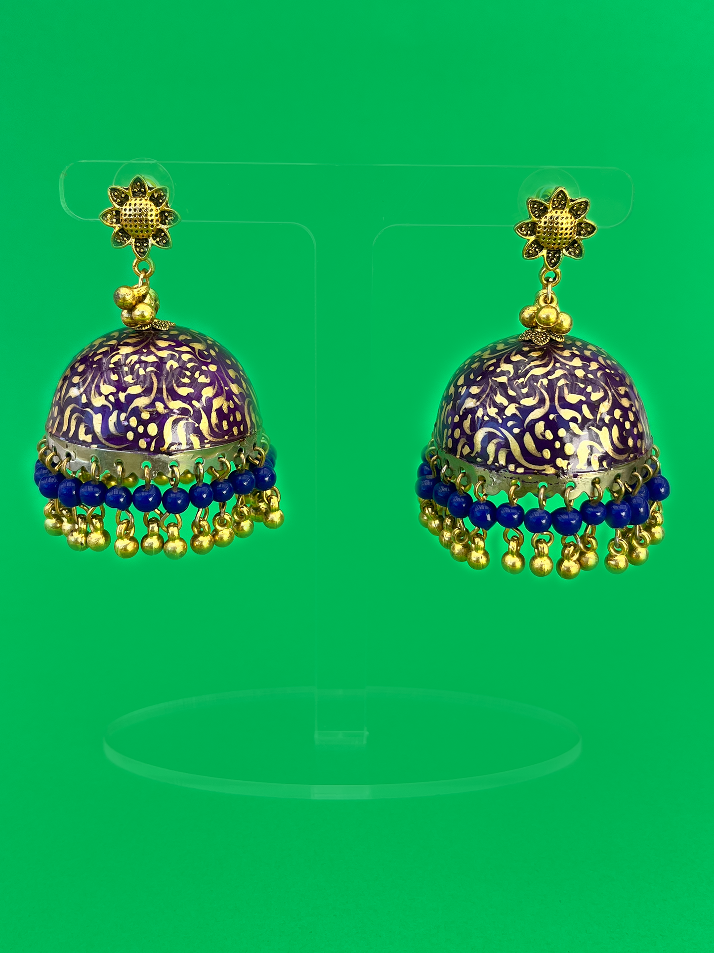 Purple and Gold Hand-Painted Gold-Plated Meenakari Jhoomka