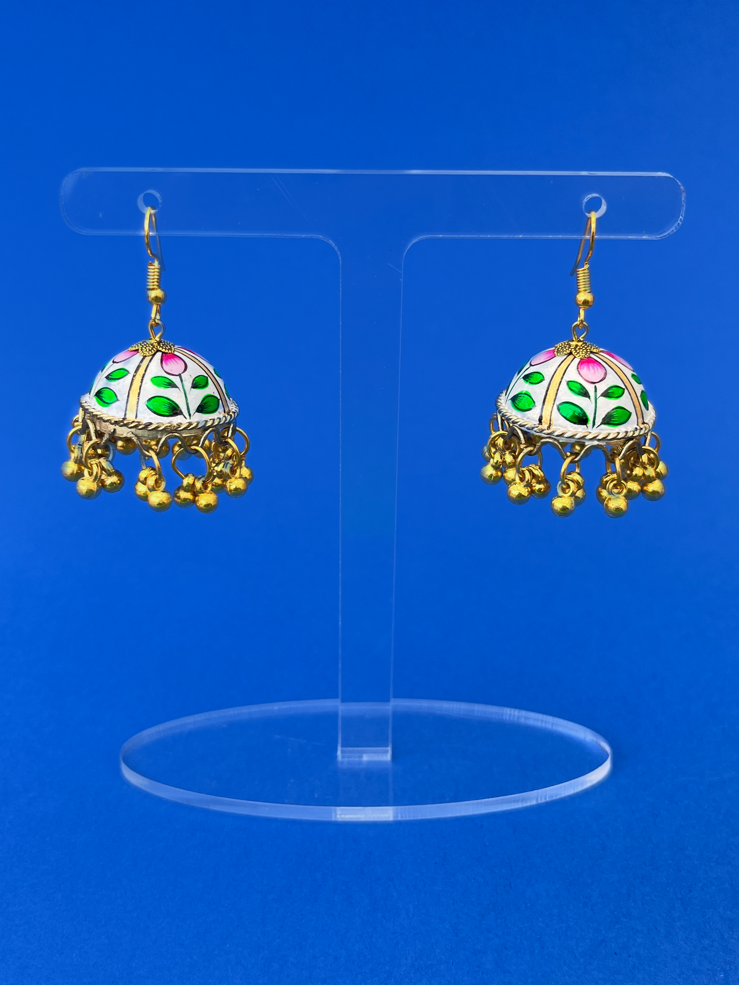 White and Green Hand-Painted Gold-Plated Jhoomka with Hook