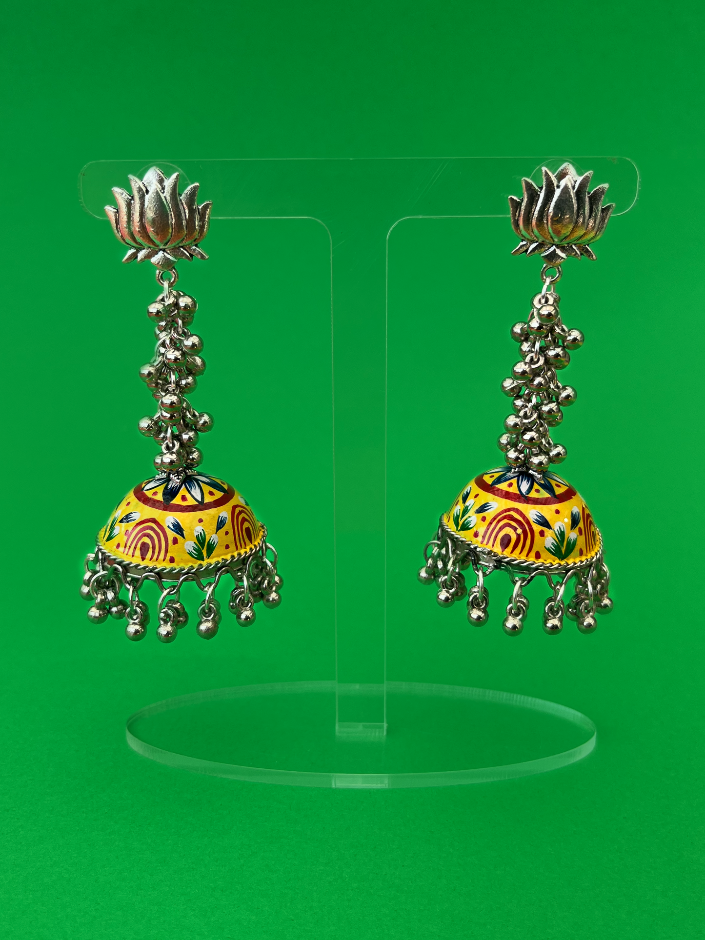 Yellow and Blue Hand-Painted Silver-Plated Meenakari Jhoomka with Flat Post