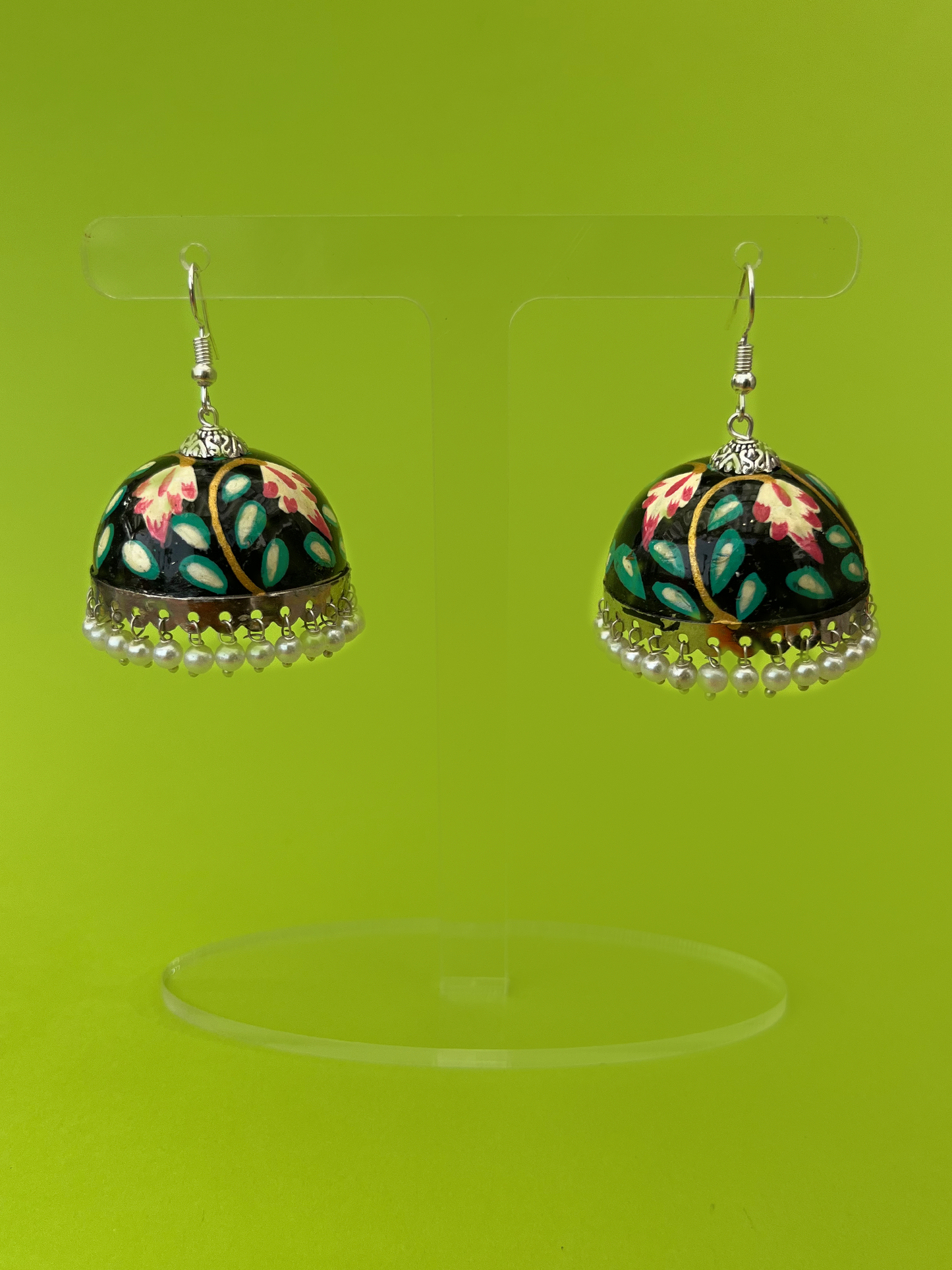 Black and Gold Hand-Painted Silver-Plated Jhoomka with Hook and Pearls