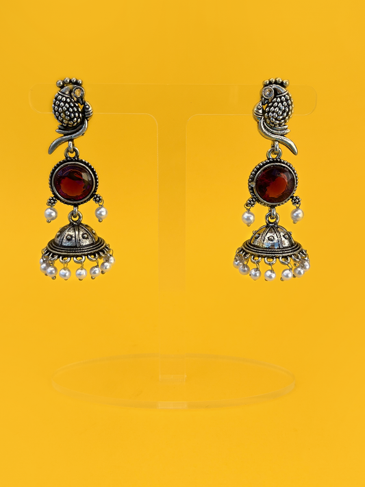 Silver-Plated Oxidised Peacock-Style Jhoomka with Purple Stone