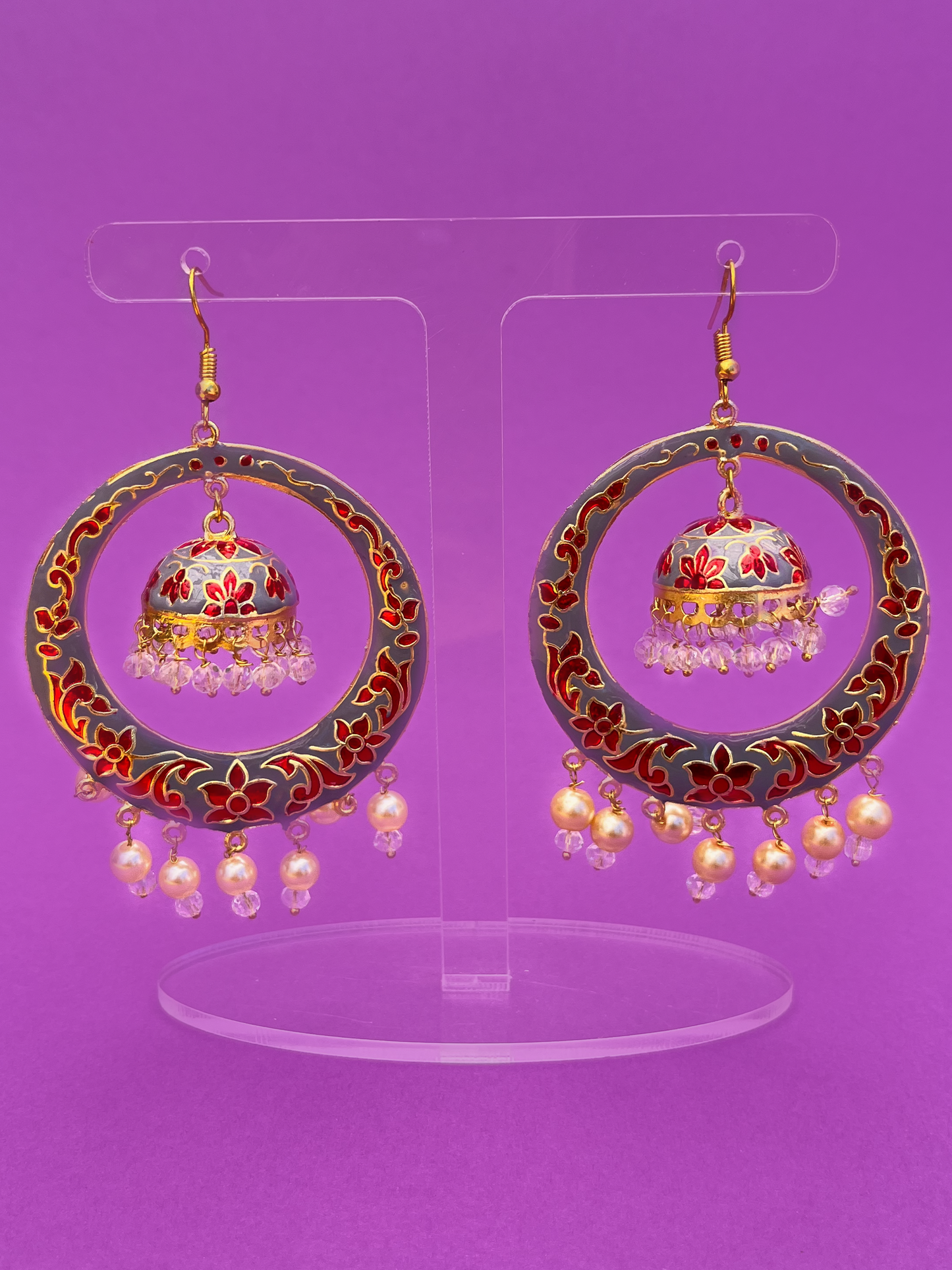 Grey Chandbali-Style Gold-Plated Jhoomka with Artificial Pearls and Hook