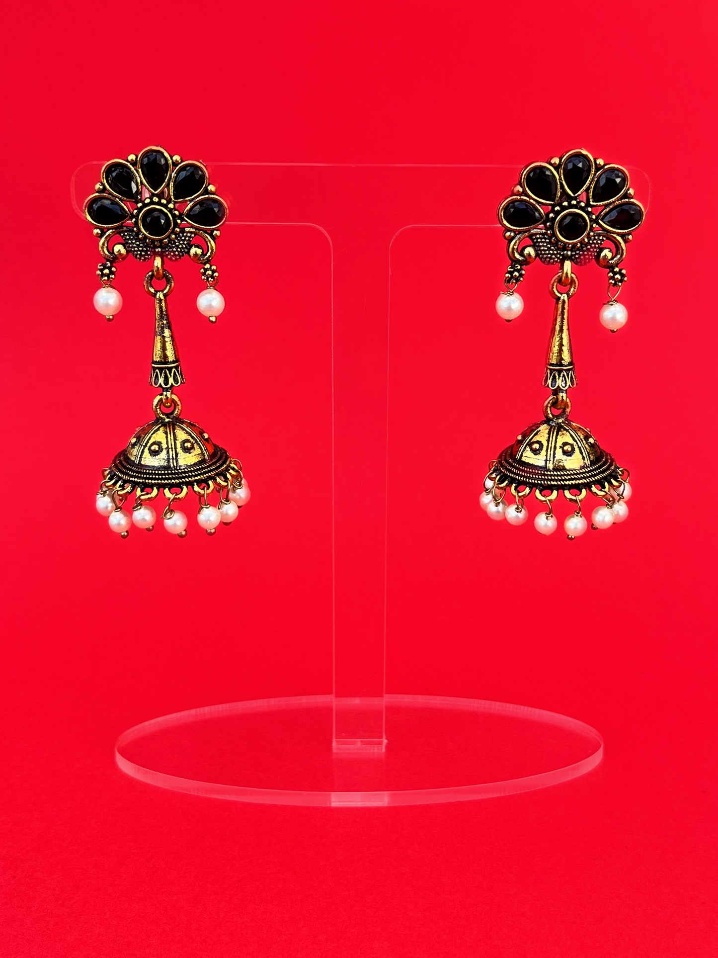 Floral-Style Gold-Plated Jhoomka with Black Stones