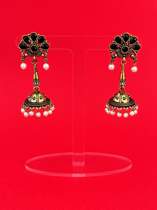 Floral-Style Gold-Plated Jhoomka with Black Stones