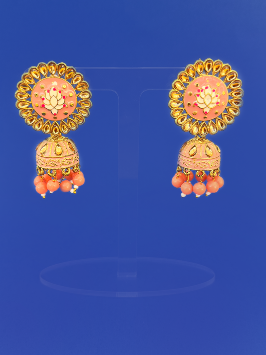 Pink Hand-Painted Gold-Plated Meenakari Jhoomka