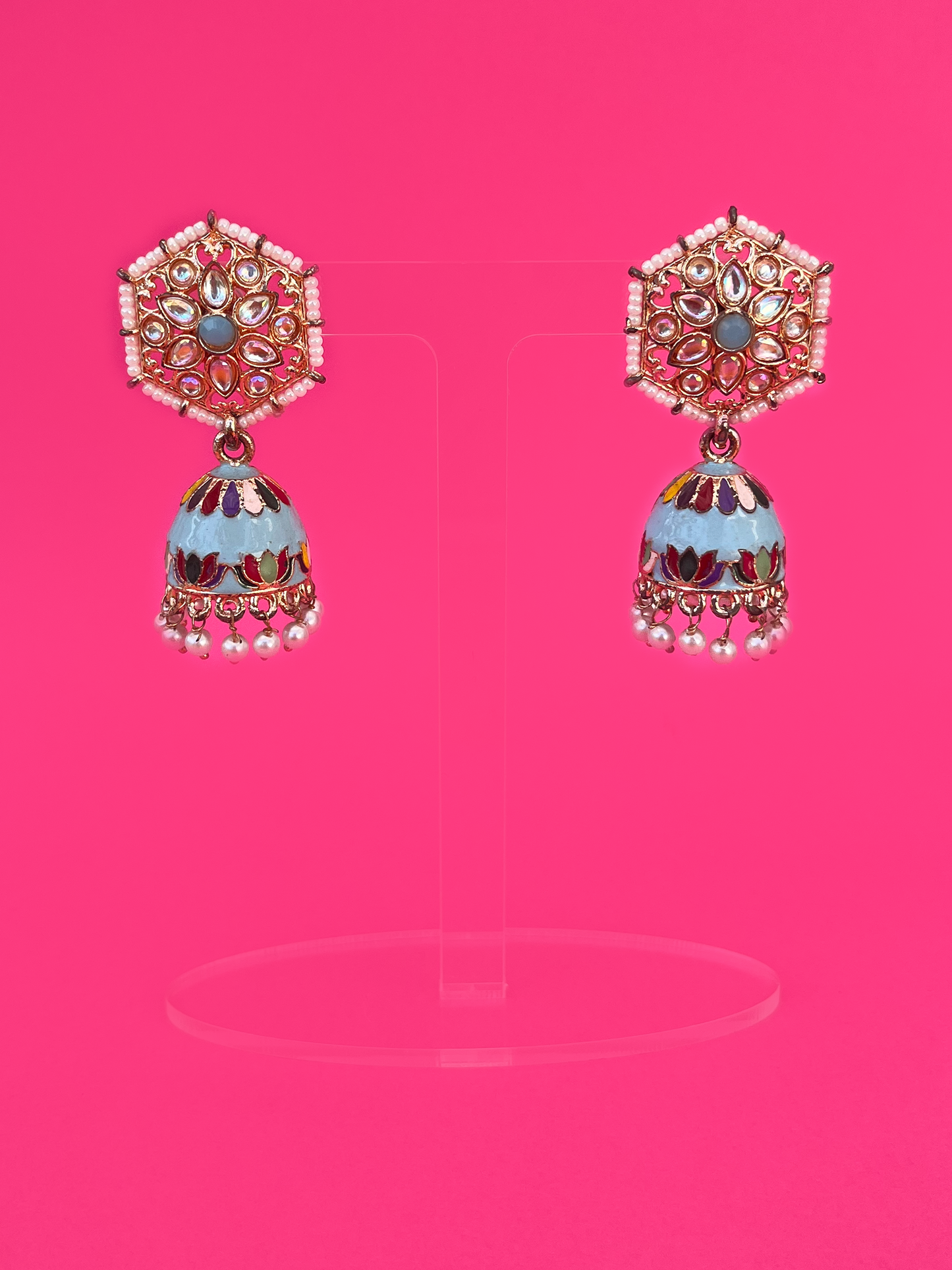 Baby Blue Hand-Painted Gold-Plated Kundan Jhoomka